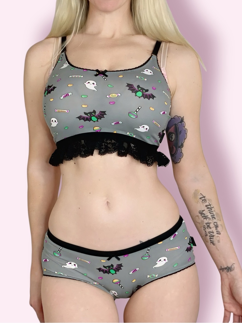 Kawaii Halloween Bralette Hipster Brief Set S Candy Ghost Bat Ruffle Bra & Panty